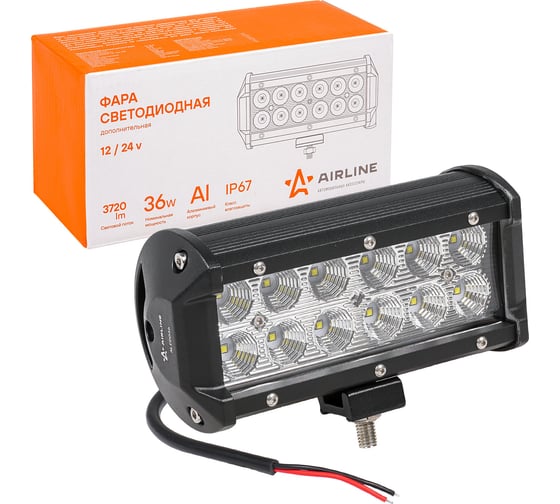 Изображение товара Светодиодная фара (балка) двухрядная Airline 12 LED рассеянный свет, 36W, 165x78x65, 12/24V ALED046