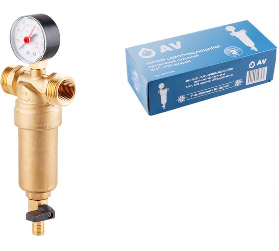 Изображение товара Магистральный фильтр AV Engineering самопромывной 3/4", 100 мкм с манометром AVE115702