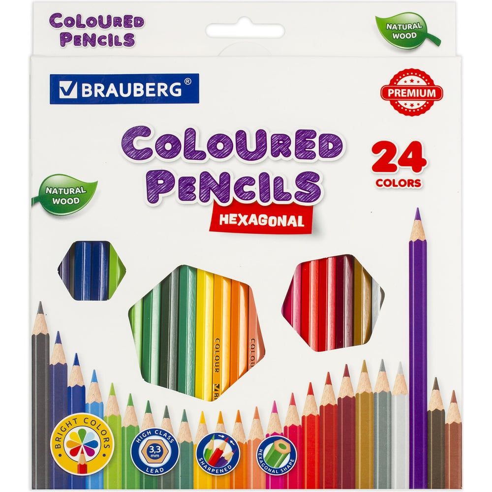 Изображение товара Цветные карандаши BRAUBERG PREMIUM 24 цвета, шестигранные, грифель мягкий 3.3 мм 181658