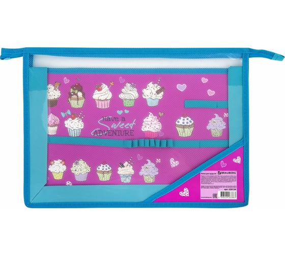 Изображение товара Папка для труда BRAUBERG Cup Cakes А4, 2 отделения, пластик, молния сверху, органайзер 229134