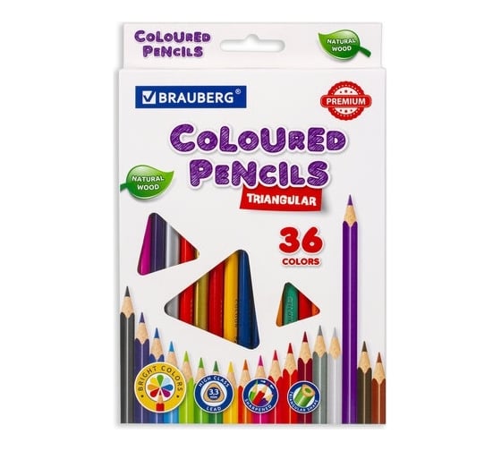 Изображение товара Цветные карандаши BRAUBERG PREMIUM 36 цветов, трехгранные, грифель мягкий 3.3 мм 181654