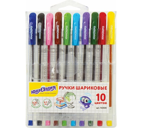Изображение товара Шариковые ручки ЮНЛАНДИЯ масляные классная, набор 10 цветов, узел 0.7 мм, линия 0.35 мм 143535
