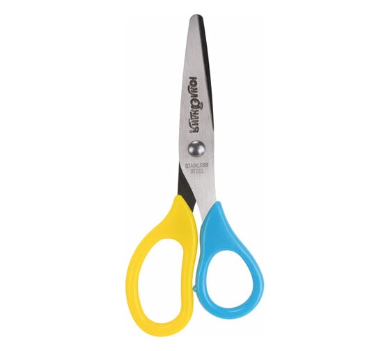 Изображение товара Ножницы ЮНЛАНДИЯ 135 мм, с футляром для лезвий, желто-голубые, блистер 237110