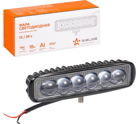 Изображение товара Светодиодная прямоугольная фара Airline 6 LED 4D линза, 18 Вт, 157x42x40 мм, 12/24 В ALED006