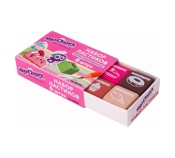 Изображение товара Набор ластиков ЮНЛАНДИЯ СЛАДКИЕ ИСТОРИИ 6 шт, размер 21х21х16 мм, ароматизированные 229584