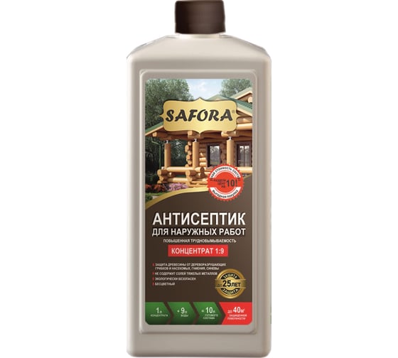 Изображение товара Антисептик для дерева для фасадных и внутренних работ SAFORA (концентрат 1:9, 1 литр) АН04