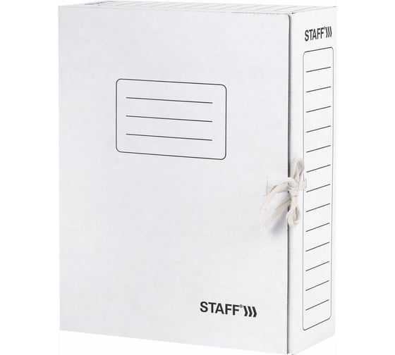 Изображение товара Архивная папка STAFF с завязками А4 325х250 мм, 100 мм, до 900 листов, микрогофрокартон, белая 128874
