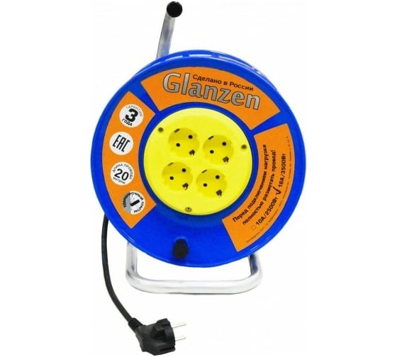 Изображение товара Силовой удлинитель на катушке GLANZEN 4 гнезда 20 м ПВС 3x1,5 EB-20-019 00-00006727
