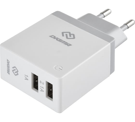 Изображение товара Сетевое зарядное устройство DIGMA DGWC-2U-3A-WG 2.1A+1A универсальное, белый 1079228