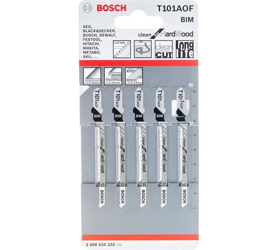 Изображение товара Пилки T101AOF 5 шт. по дереву для лобзика Bosch 2.608.634.233