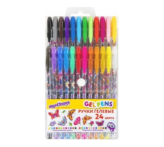 Изображение товара Гелевые ручки ЮНЛАНДИЯ НАБОР 24 ЦВЕТА корпус с печатью, узел 1 мм, линия 0.5 мм 143821