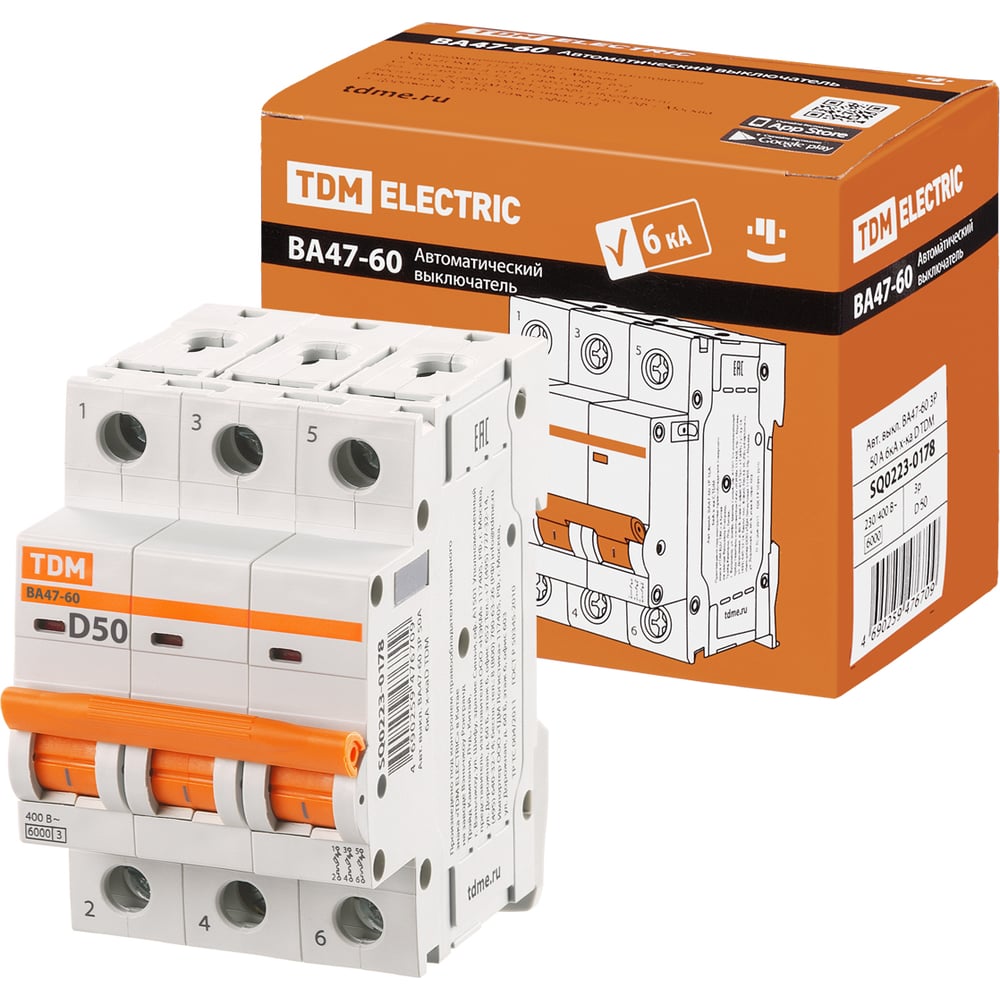 Изображение товара Автоматический выключатель ВА47-60 3Р 50А 6кА TDM ELECTRIC для защиты электросетей