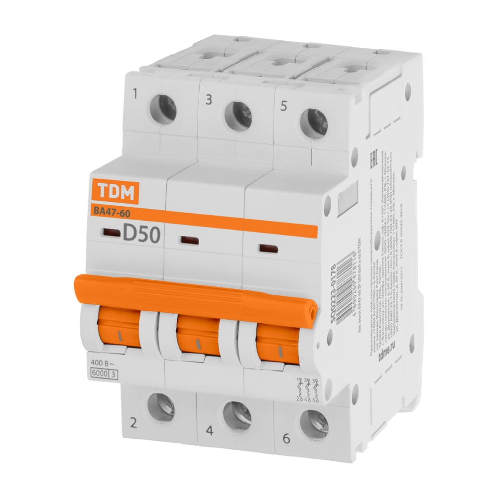 Изображение товара Автоматический выключатель TDM ELECTRIC ВА47-60 3Р, 50А, 6кА, характеристика D SQ0223-0178