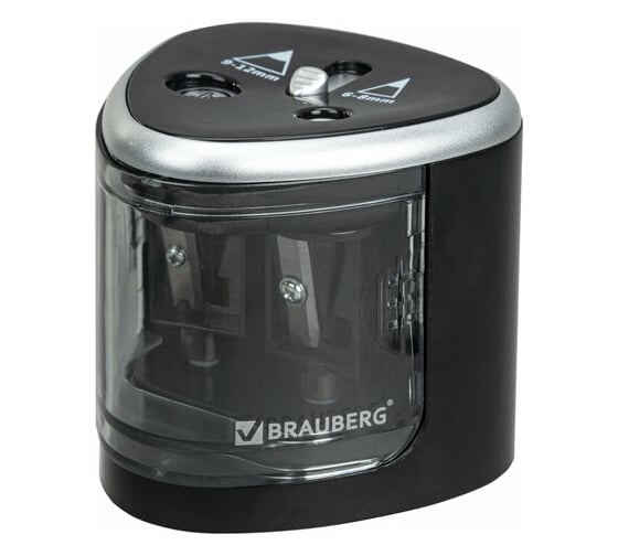 Изображение товара Электрическая точилка BRAUBERG DUAL для 2 диаметров карандашей, 4 батарейки АА, черная 270581