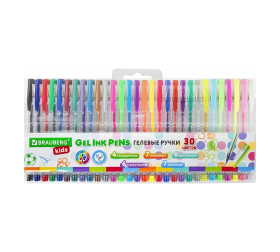 Изображение товара Набор гелевых ручек BRAUBERG 30 цветов, линия 0,5 мм, KIDS 143819