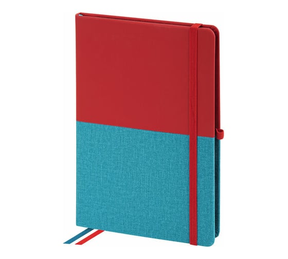 Изображение товара Блокнот BRAUBERG А5, 148x218мм, DUO, под кожу, с резинкой, 80л, клетка, красный/бирюзовый 113431