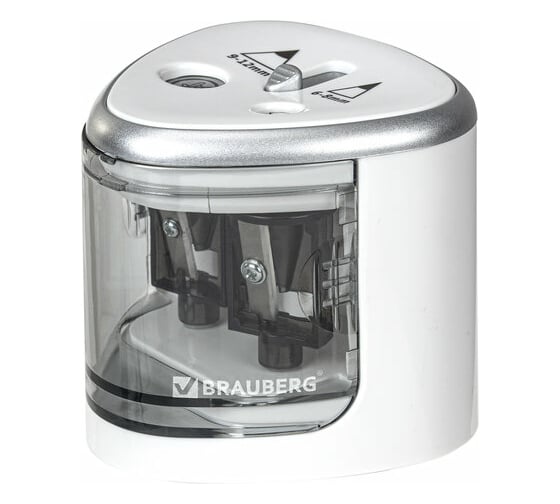 Изображение товара Электрическая точилка BRAUBERG DUAL для 2 диаметров карандашей, 4 батарейки АА, белая 270580