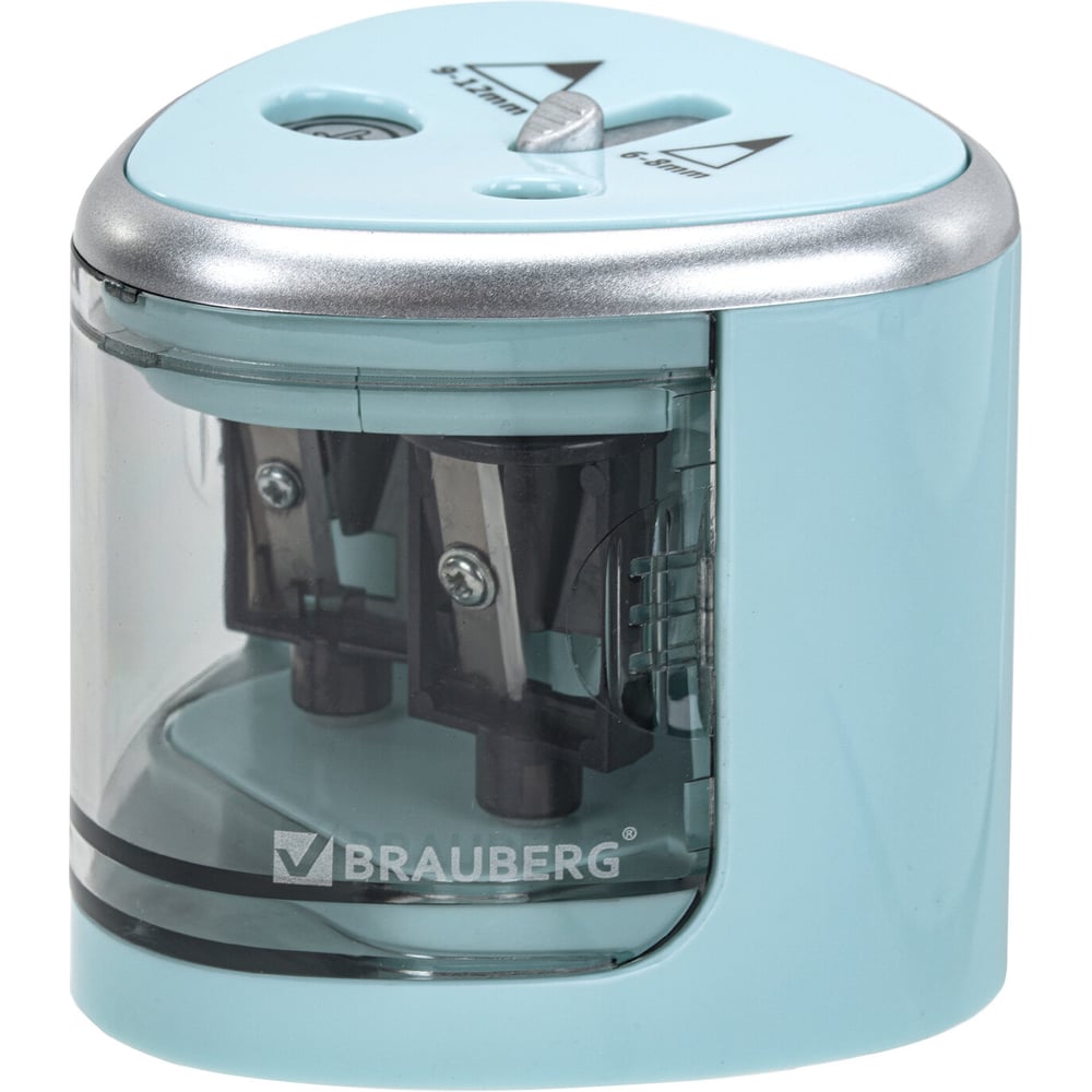 Электрическая точилка BRAUBERG DUAL для 2 диаметров карандашей, 4 батарейки АА, голубая 270578