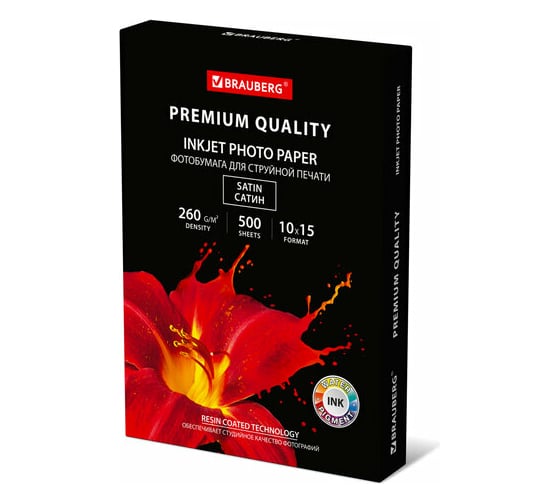Изображение товара Фотобумага BRAUBERG PREMIUM сатин 10x15см, 260 г/м2, односторонняя, 500 листов 364002