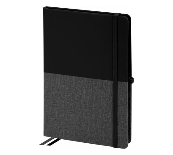 Изображение товара Блокнот BRAUBERG А5, 148x218мм, DUO, под кожу, с резинкой, 80л, клетка, черный/серый 113433