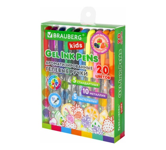 Изображение товара Набор ароматизированных гелевых ручек BRAUBERG с грипом, 20 цветов, FRUITS, линия 0,5мм, KIDS 143824