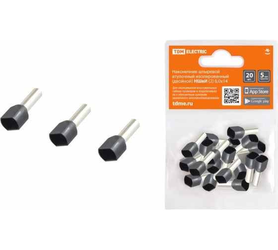 Изображение товара Наконечники для проводов обжимные изолированные штырьевые втулочные (двойные) НШвИ (2) 6,0х14 (упаковка/20 штук) TDM ELECTRIC SQ0568-0058