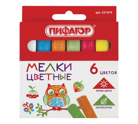 Изображение товара Цветной мел ПИФАГОР набор 6 шт, квадратный 221979