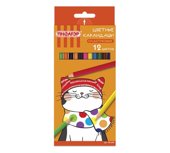 Изображение товара Цветные карандаши ПИФАГОР КОТИК 12 цветов, пластиковые, классические заточенные 181340