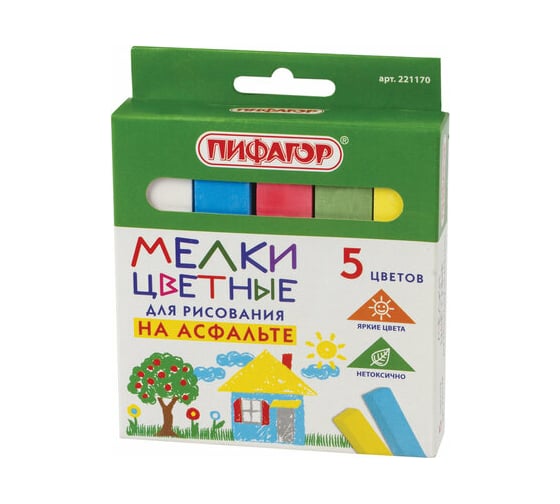 Изображение товара Цветной мел для рисования на асфальте ПИФАГОР набор 5 шт, квадратный 221170