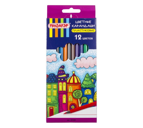 Изображение товара Цветные карандаши ПИФАГОР СКАЗОЧНЫЙ ГОРОД 12 цветов, черный пластик, заточенные 181583