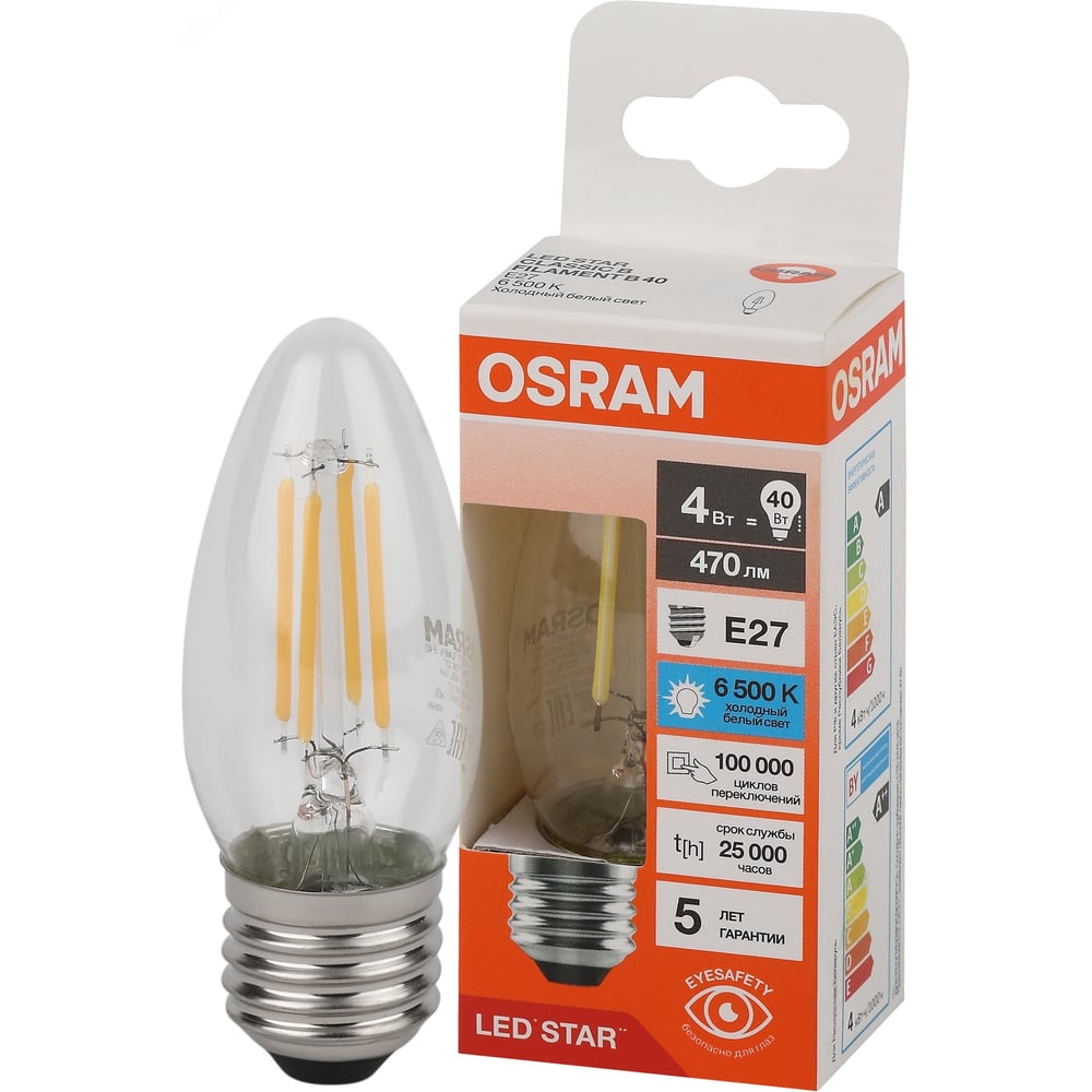 Изображение товара Лампа светодиодная филаментная Osram LS CLB40 4W/865 230VFILCL E27 4058075688049 Изображение товара Лампа светодиодная филаментная Osram LS CLB40 4W/865 230VFILCL E27 4058075688049