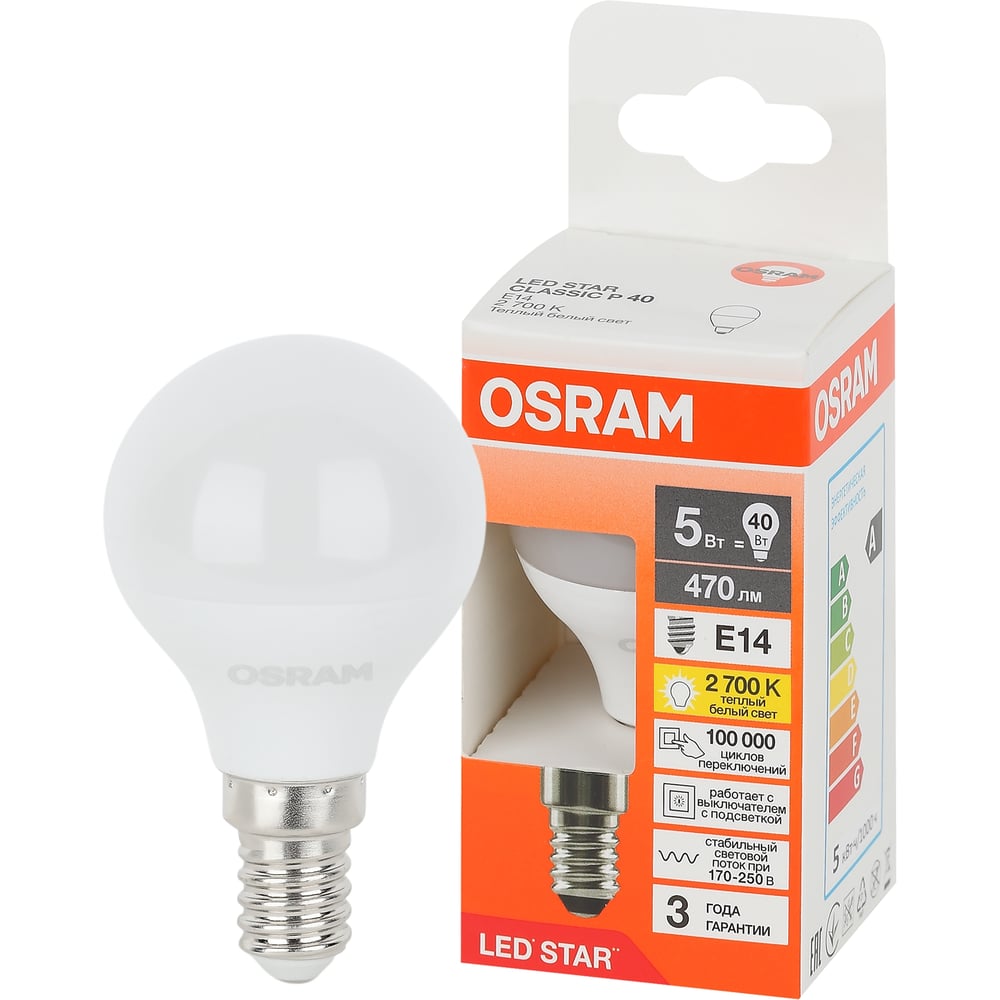 Изображение товара Светодиодная лампа Osram LS CLP40 5W/827 E14 Теплый белый 470лм 2700К