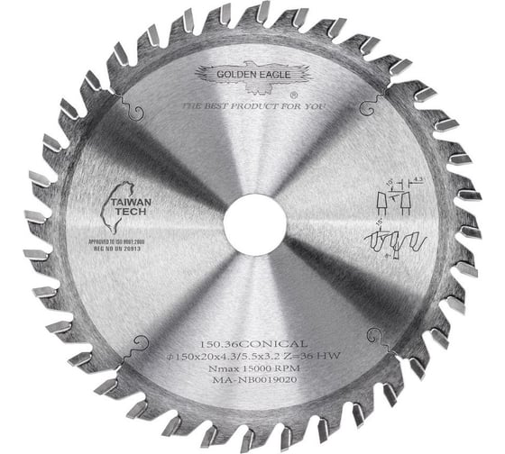 Изображение товара Диск пильный HW подрезной (150x20x4.3-5.5/3.2 мм; Z36; KO-F) Golden Eagle TL00000065