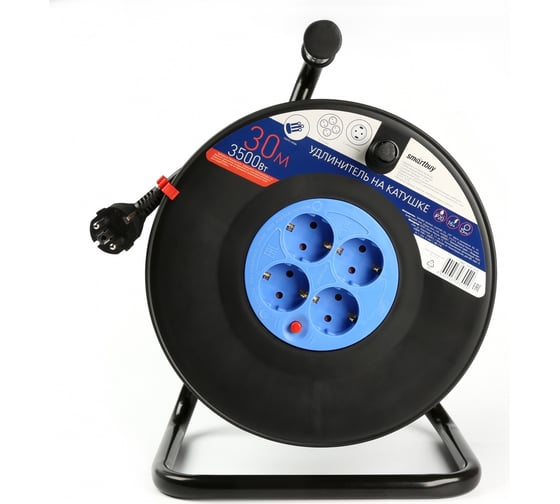 Изображение товара Удлинитель на катушке Smartbuy  4 гнезда, 30 м, с заземлением и предохранителем, ПВС 3х1,5, 16А/3,5 кВт SBE-16-4-30-Z