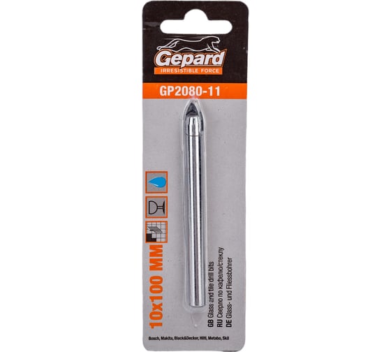 Изображение товара Сверло копьевидное твердосплавное по кафелю и стеклу 10x100 мм Gepard GP2080-11