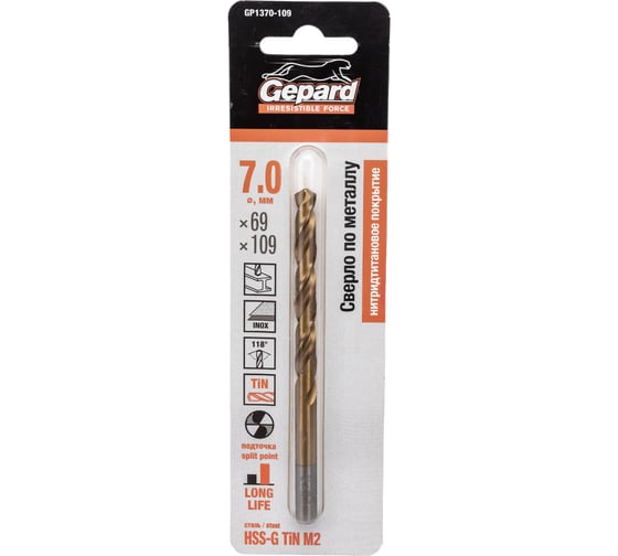 Изображение товара Сверло спиральное по металлу 7x69x109 мм, HSS TIN Gepard GP1370-109