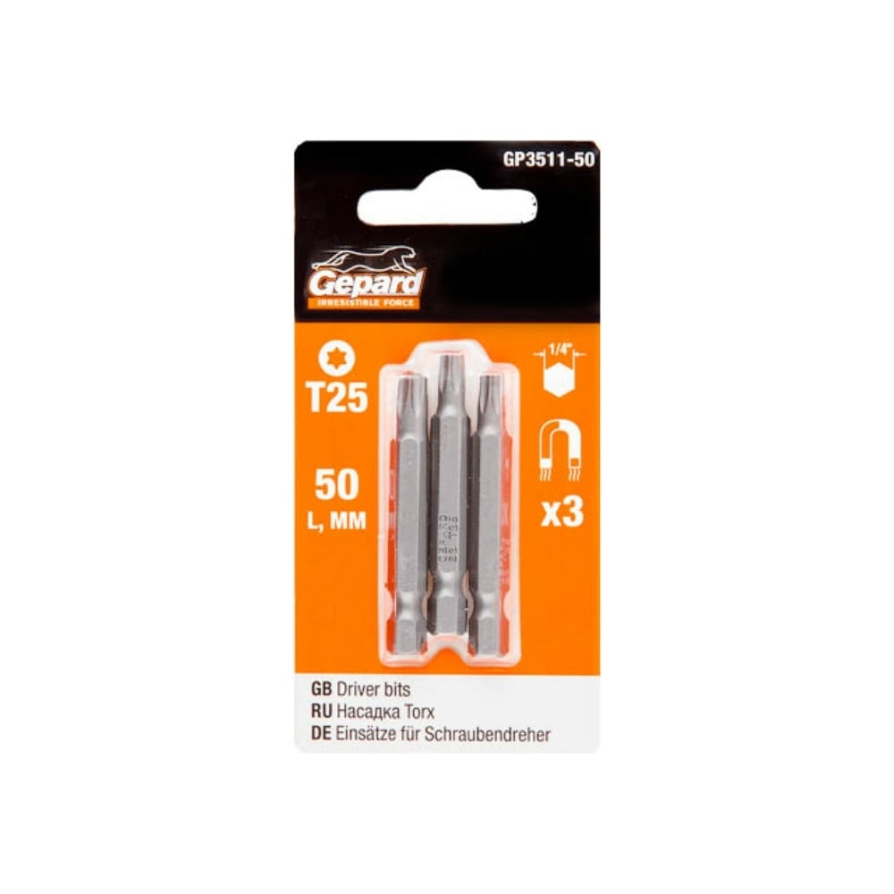 Бита магнитная для шуруповерта Torx (3 шт; T25х50 мм) Gepard GP3511-50 применяется в качестве сменной насадки к шуруповёрту и другим инструментам при монтаже и демонтаже саморезов в мягкие поверхности, дерево и металл. Выполнена из легированной инструментальной стали S2 с увеличенным содержанием ванадия. Внимание, изображение товара может отличаться от реального! Верные параметры указаны в технических характеристиках товара.