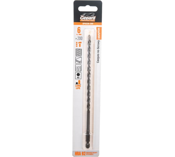 Изображение товара Сверло твердосплавное спиральное по бетону 6x200 мм, HRA 92 Gepard GP0226-200