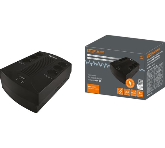 Изображение товара Источник бесперебойного питания TDM ELECTRIC ИБП 650 ВА 6 розеток +2USB SQ1204-0001