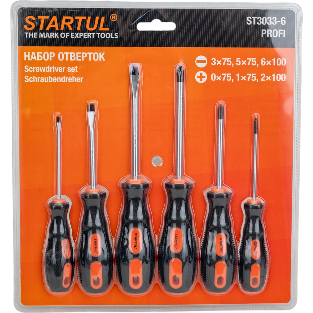 Набор отверток STARTUL Profi 6 предметов ST3033-6 предназначен для монтажа и демонтажа резьбовых соединений. Отвертки выполнены из качественной хромованадиевой стали, что обеспечивает прочность и долговечность. Эргономичные двухкомпонентные рукоятки комфортны при работе. Специальное покрытие рукояток препятствует скольжению.