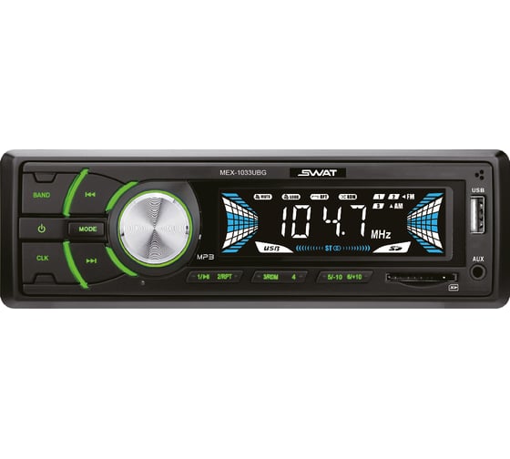 Изображение товара Медиа ресивер SWAT 1 din, 4x50 Вт, MP3, USB, SD, 2RCA, зеленые кнопки, съёмная окантовка MEX-1033UBG