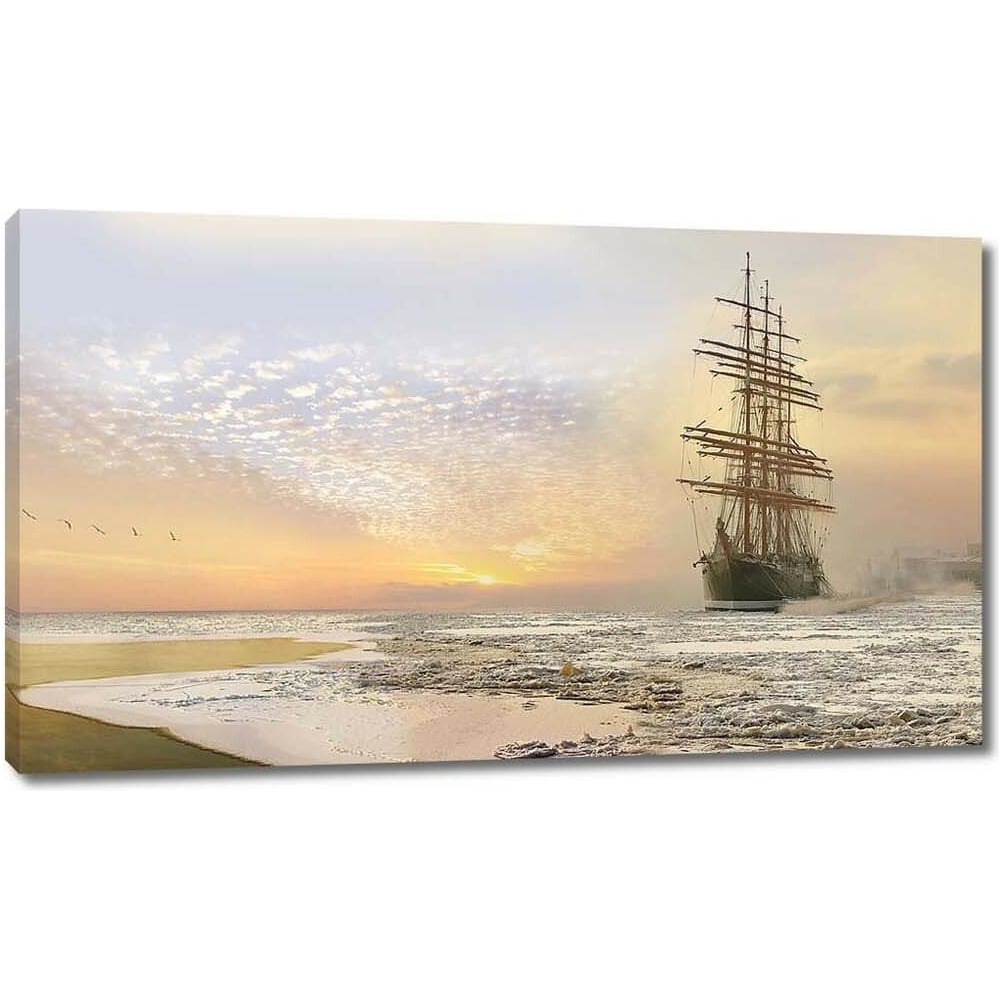 Изображение товара Картина Парусник во льдах у берега на закате 104x60 см на холсте
