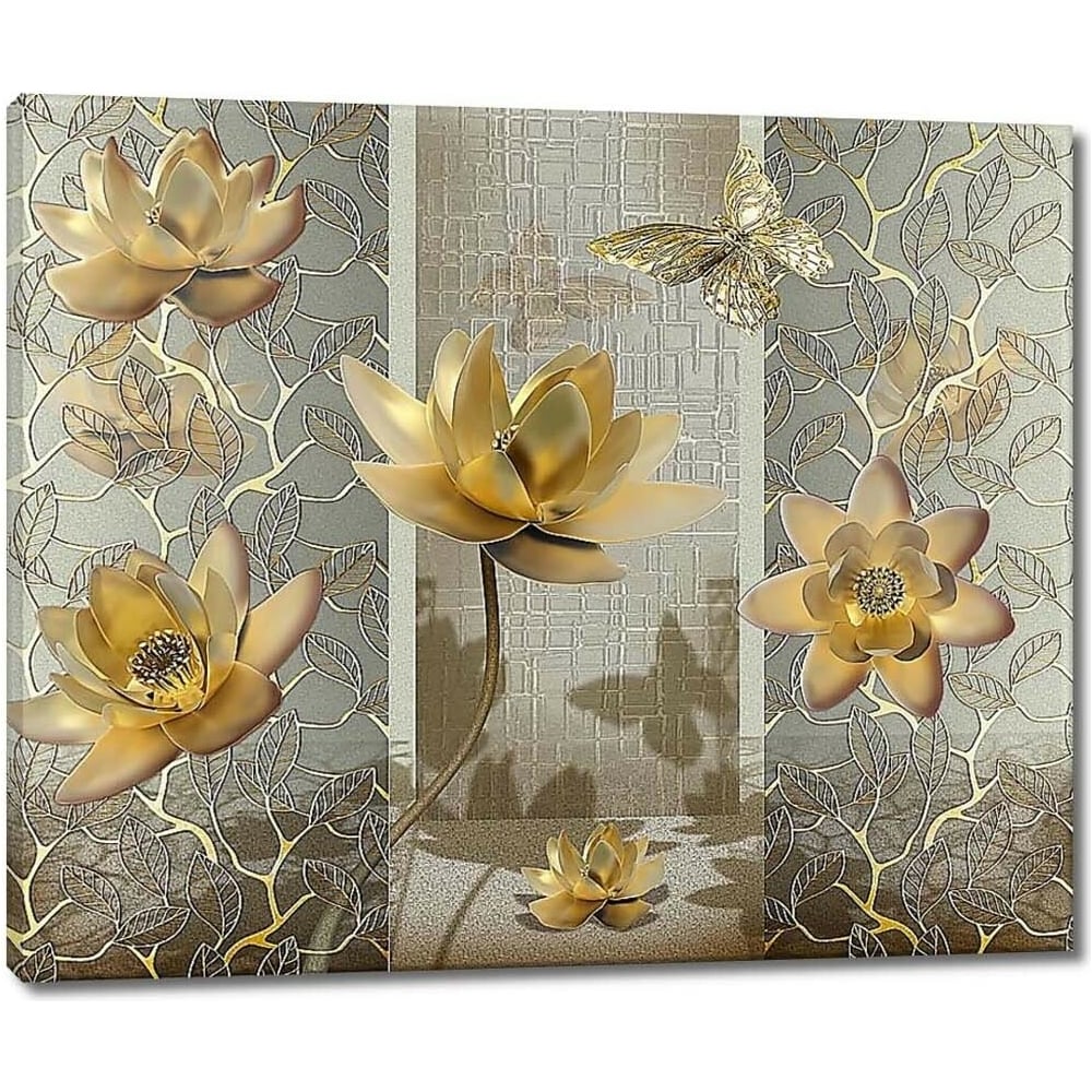 Изображение товара Картина на холсте Лотосы и бабочки в золотом цвете размер 115x96 см