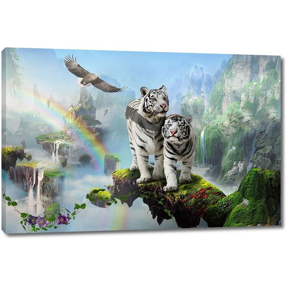 Изображение товара Картина Два белых тигра на фоне радуги и водопадов на холсте 60x40 см