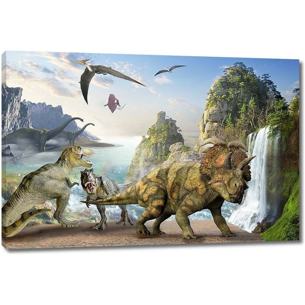 Изображение товара Картина Разные динозавры у водопада 90x60 см от Первое ателье