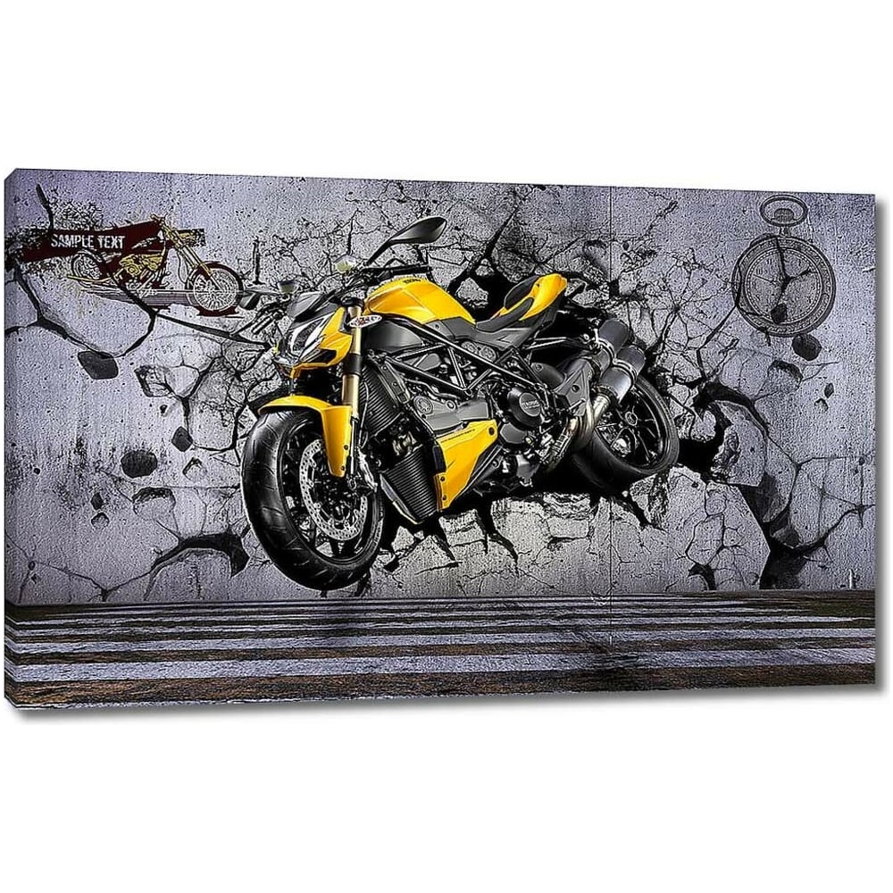 Изображение товара Картина 'Желтый мотоцикл пробивает стену' 96x60 см на холсте
