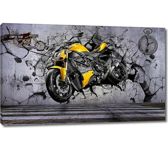 Изображение товара Картина ООО Первое ателье Желтый мотоцикл пробивает стену 96x60 см ps94967-2