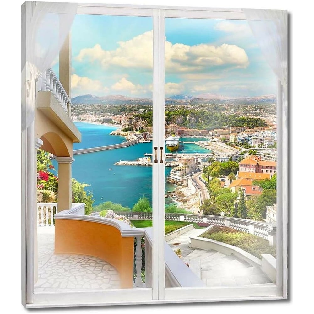 Изображение товара Картина вид из окна на солнечный город и море 79x92 см холст реальный стиль