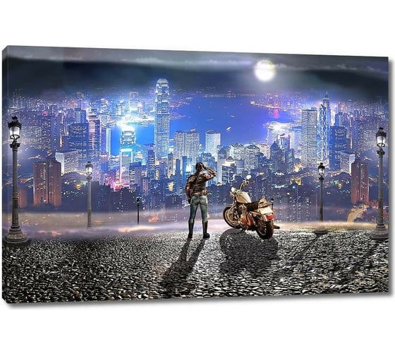 Изображение товара Картина ООО Первое ателье Девушка с мотоциклом над ночным городом 115x77 см ps28587-5