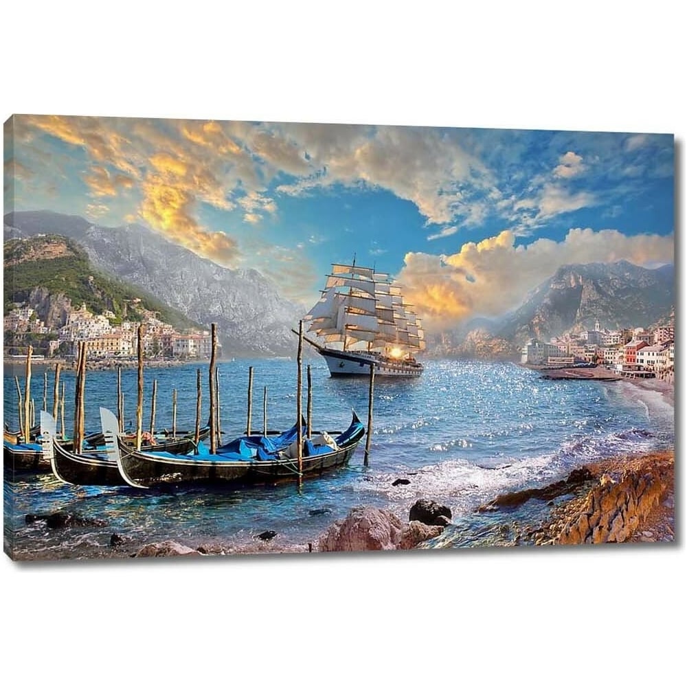 Изображение товара Картина на холсте лодки и корабль в море 60x40 см реализм